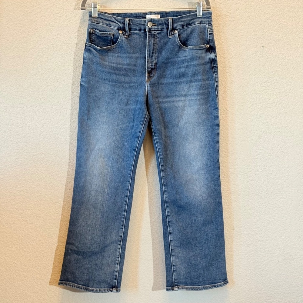 Good American Good Boy Crop Flare Jeans Womens 12 31 Blue Mid Rise Stretch